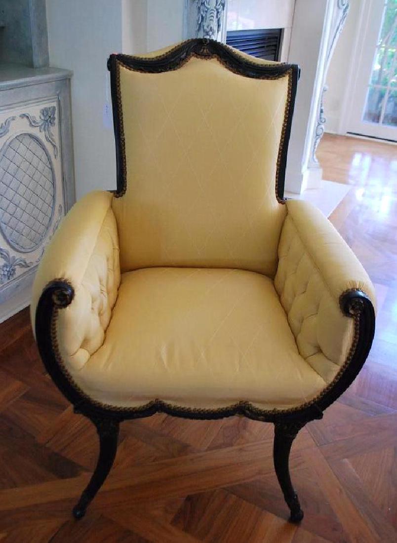 Antique chinoise chair,: hand painted black with soft gold points, yellow scalamandre custom upholstery. 42.5"h x 27.5"w x 21"d PLEASE NOTE: ITEM LOCATED AT 616 ALLENTOWN RD., TELFORD, PA. 18969. PICK UP IS 7/26 FROM 2