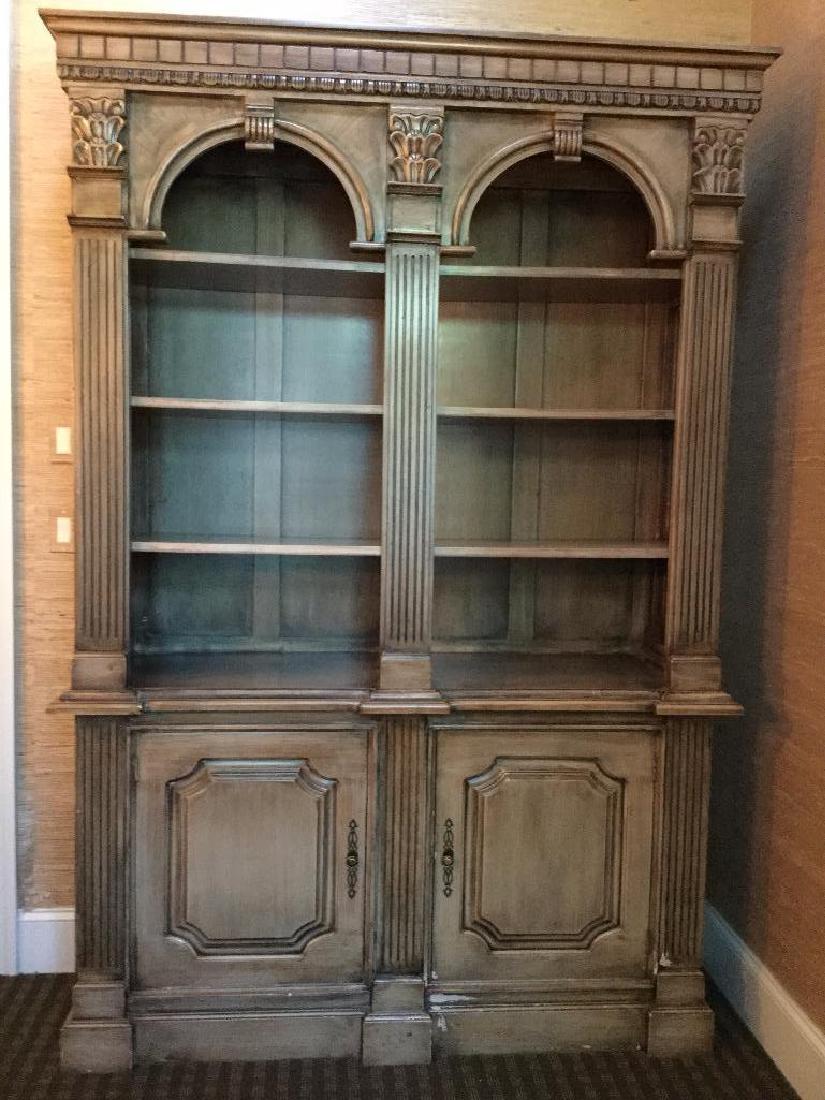 Reproduction book case,: wood with hand glaze good condition. 90.5"h x 61"w x 18.5"d PLEASE NOTE: ITEM LOCATED AT 616 ALLENTOWN RD., TELFORD, PA. 18969. PICK UP IS 7/26 FROM 2 PM - 6 PM