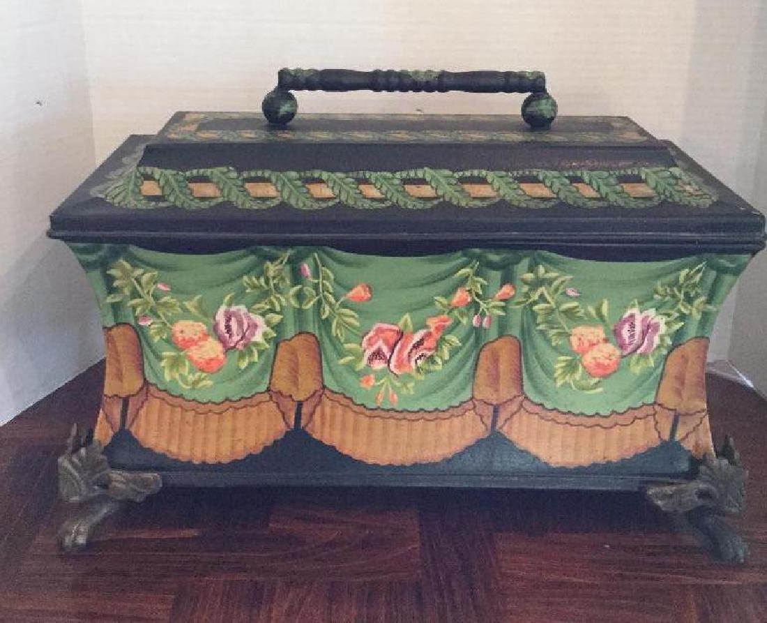 Handpainted metal box: with lid and feet, excellent condition. PLEASE NOTE: ITEM LOCATED AT 616 ALLENTOWN RD., TELFORD, PA. 18969. PICK UP IS 7/26 FROM 2 PM - 6 PM