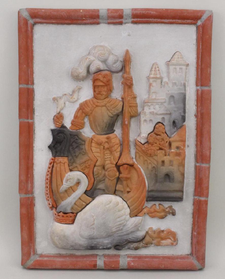 Moravian Relief Tile of Wagner's "Knight of the Swan": Depicted from Richard Wagner's opera Lohengrin, 22"h x 16"w.