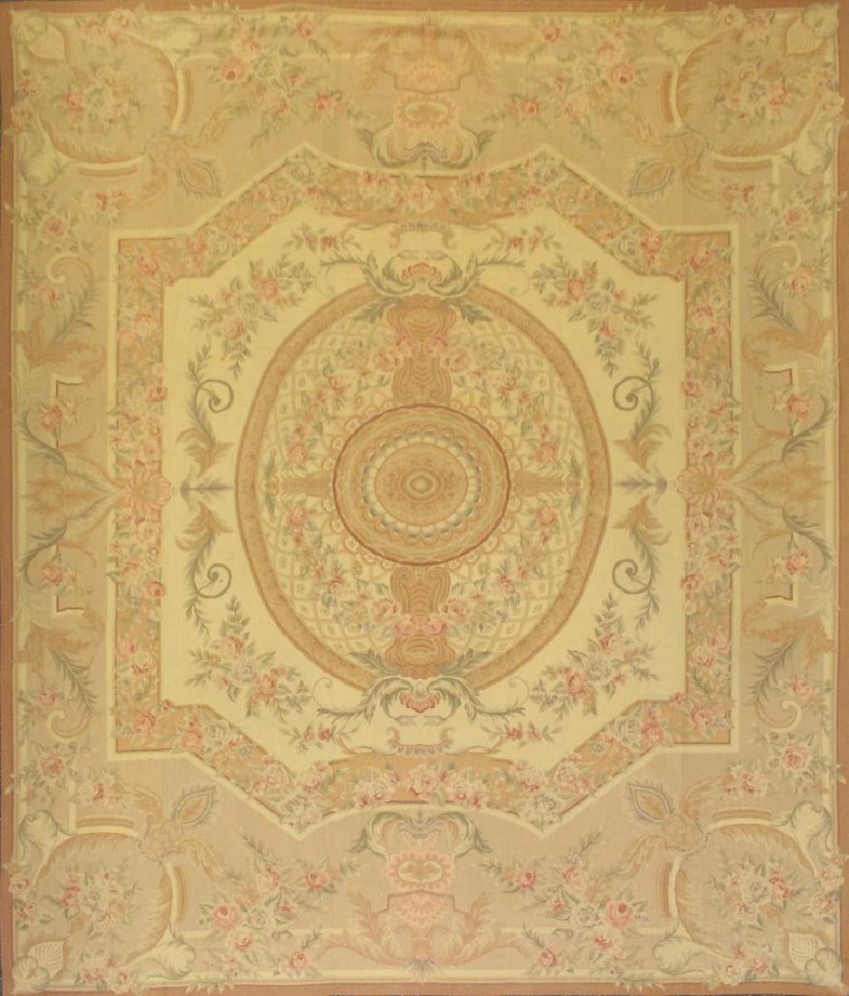French Aubusson Rug: Central medallion with floral and vine decoration, 11'3"w x 14'8"l