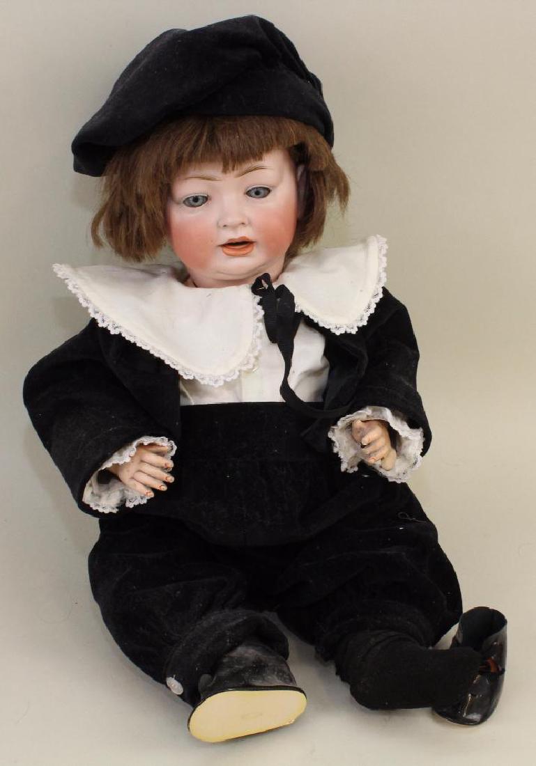 BODY PARTS & SUPPLIES: 17" MADE IN GERMANY 152 10: Blue sleep eyes, open mouth, brown human hair wig. 5 Pc. papier mache bent limb baby body. Dressed in newer black velvet Little Lord Fauntleroy outfit. Newer shoes, socks. Condition: head is damaged. 