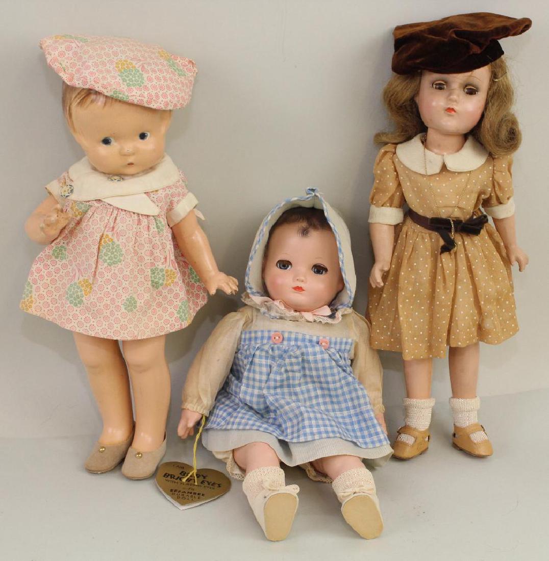 LOT OF (3) COMPOSITION DOLLS: F & B "PATSY" & "BABY: 13" Effanbee Patsy - painted blue side glance eyes, Dressed in tagged HORSMAN 3 pc. outfit. Replaced shoes. 14" R & B Debuteen/Nancy Lee - brown sleep eyes, brown human hair wig. Dressed in vintag