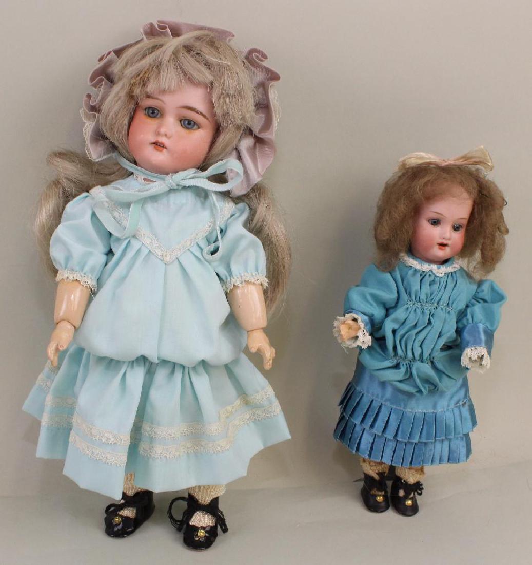 PAIR OF ANTIQUE BISQUE HEAD DOLLS: 8" AM 390 & 12"  C (1 of 3)