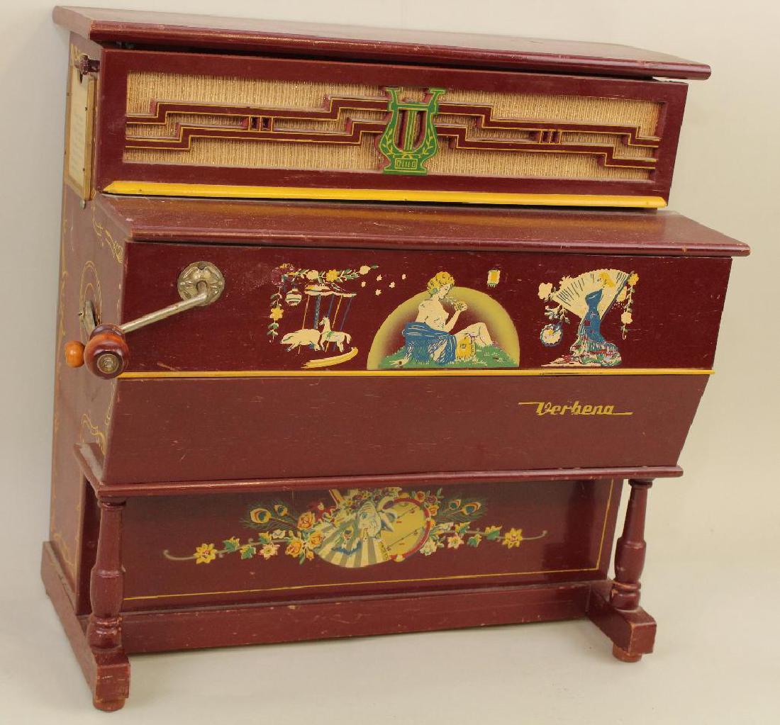 ALL ORIGINAL CHILD'S SPANISH "VERBENA" STREET PIANO: Also known as a "Hand Organ". Label on side reads: PATENTADO, REIG, MADE IN SPAIN, MUSIC BY REIG. Wooden construction with crank on front. Back reads: Organ No. 728. Interior roll with indivual hammer