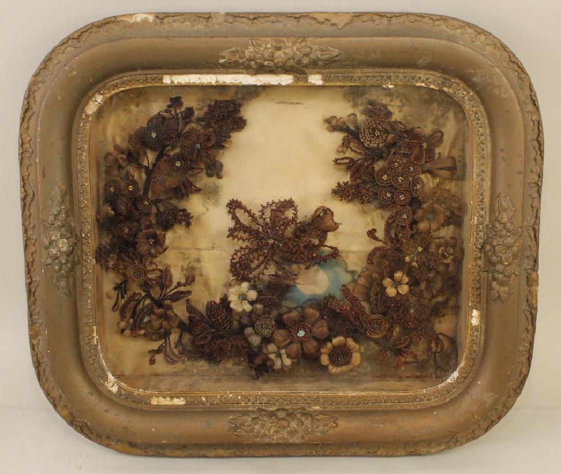 FRAMED VICTORIAN HAIR ART PICTURE. (1 of 4)