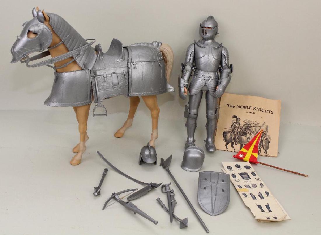 1960's LOUIS MARX "KNIGHT IN ARMOR WITH HORSE IN ARMOR.: This is No. 5361 "VALOR" the silver knight of the Noble Knights with his honey color horse. Additional vinyl accessories and original paperwork.