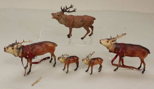 LOT OF (5) PAPIER MACHE & COMPOSITE REINDEER/ELK.: Pair of unmarked 5" papier mache with oilcloth tack.(Damage). 5" Composite marked Germany. Pair of 2 1/2" papier mache marked Made in Germany. (Damage). Condition: this lot is being sold AS IS.