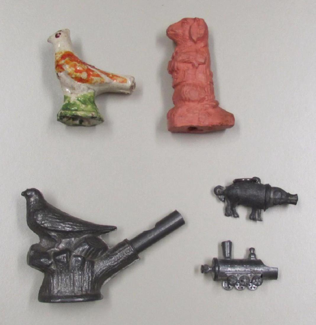LOT OF (5) WHISTLE TOYS.: Metal - "2" train car. Pig. Bird. Clay - dog, bird.