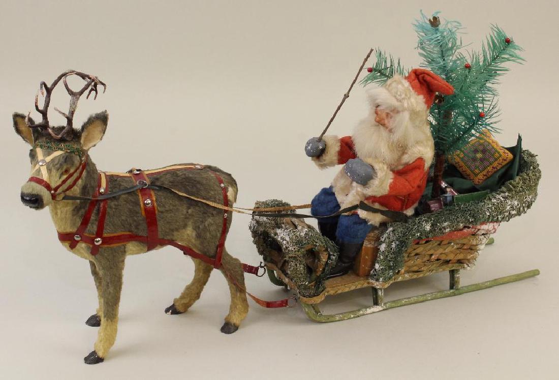 ANTIQUE PAPIER MACHE SANTA CLAUS FIGURE IN SLEIGH, PULL (1 of 5)