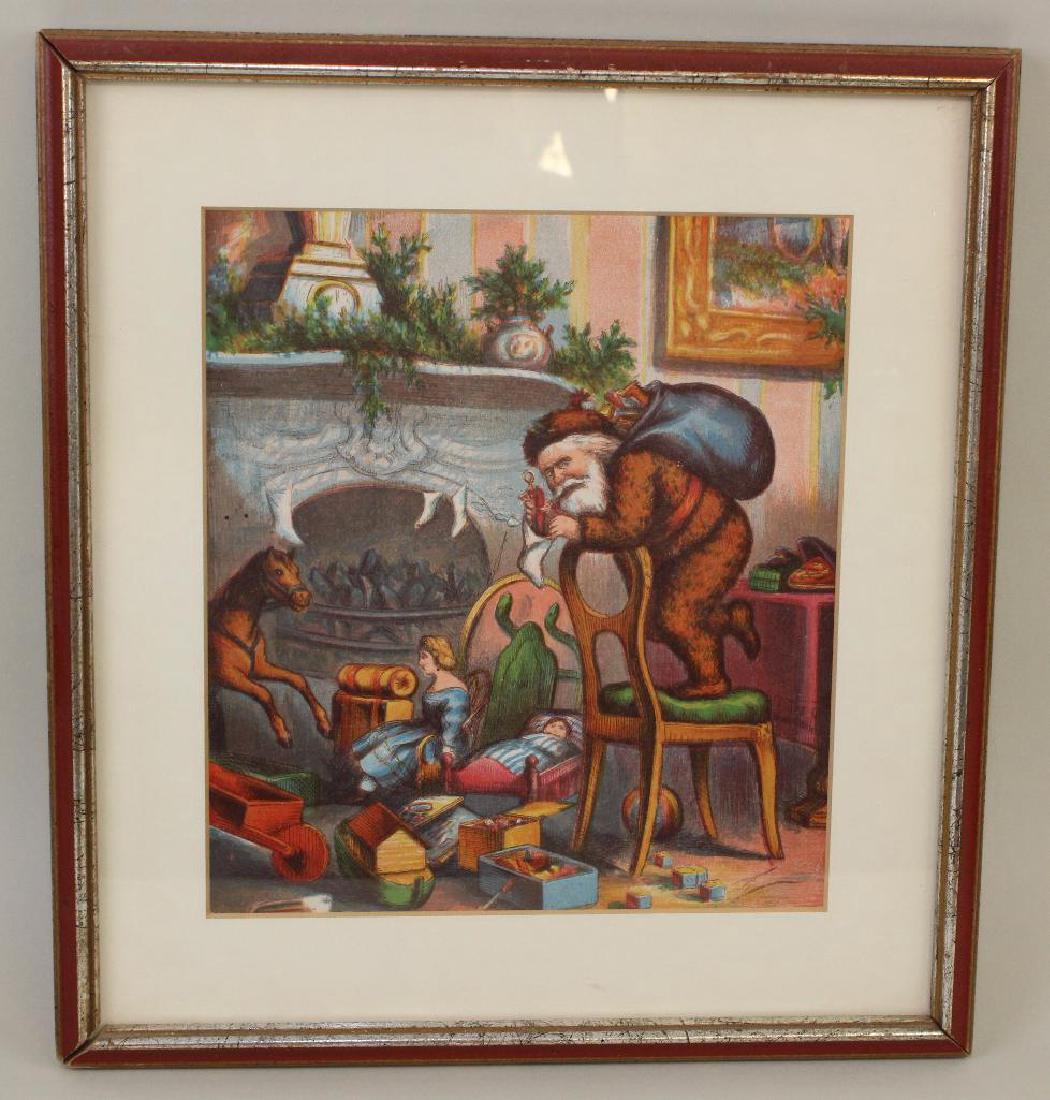 FRAMED THOMAS NAST CHRISTMAS CHROMOLITHOGRAPH.: Ca. 1890's. Santa Claus filling Christmas stockings in front of the fireplace. Image - 7 3/4" x 8 3/4". Frame - 11 1/2" x 13".