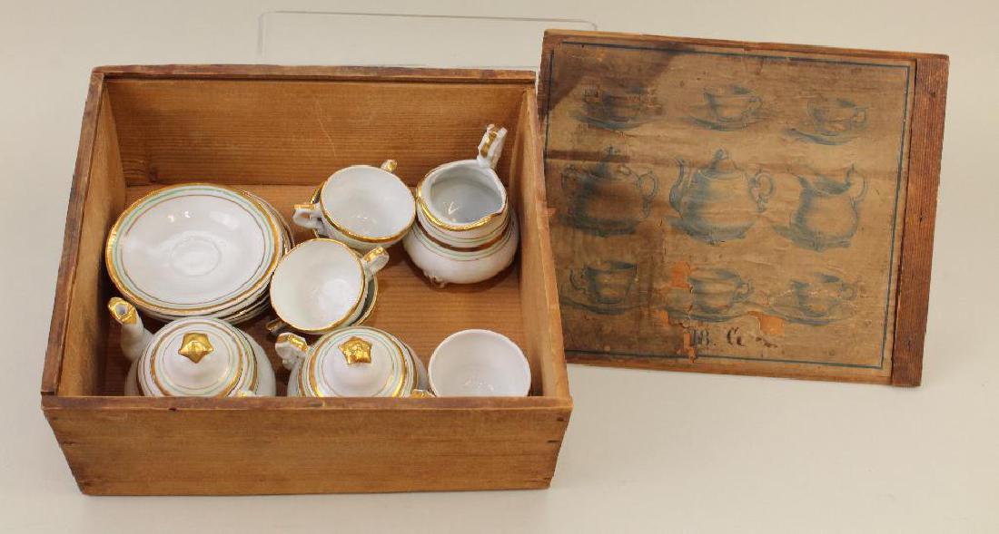 ANTIQUE 17 PC. UNMARKED CHINA TEA SET, ORIGINAL WOODEN (1 of 2)