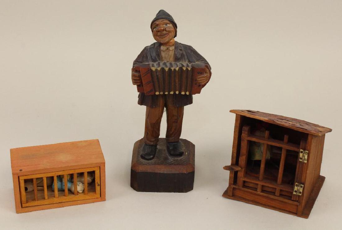 LOT OF (3) WOODEN ITEMS: (2) ANIMAL CAGES, FIGURINE. (1 of 5)