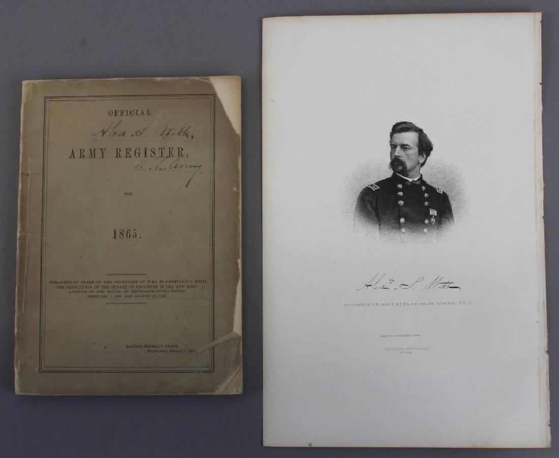 Army Register Signed and Owned by General Alexander: Autograph of Alexander Stewart Webb (1835-1911) Civil War General at Gettysburg. Autograph is a signed ownership of paper covered book "Official Army Register for 1865" published by the Adjutant Gener