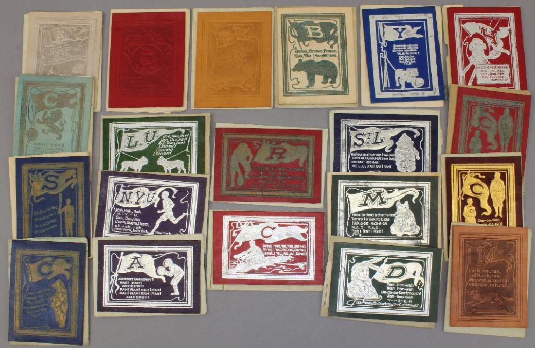 Collection of University Leather Trading Cards: Collection of 20 leather novelty trading cards featuring pennants and cheers of various universities. Cards produced by the Murad Turkish Cigarettes and are housed in original issuing envelopes. Most 