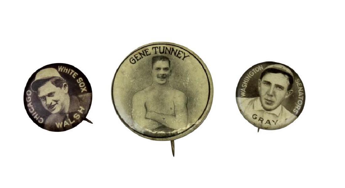 Early 20th Century Sports Pins-Tunney Boxing: Grouping of 3 sports related pins including; 1.) 1910-12 Sweet Caporal Pins (P2) for Dolly Gray-Washington Senators, 2.)1910-12 Sweet Caporal Pins (P2) of Ed Walsh-Chicago White Sox, and 3.) Gene Tunn