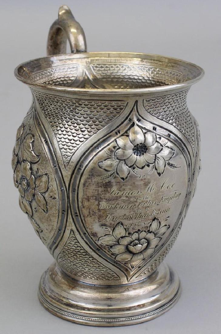 Taylor & Lawrie Sterling Silver Cup: Sterling silver cup crafted by Taylor & Lawrie. Four panels decorated with floral motifs, the forth Inscribed "To James M Cox by the Workmen in his Employ as a Mark of their Esteem July 3rd, 
