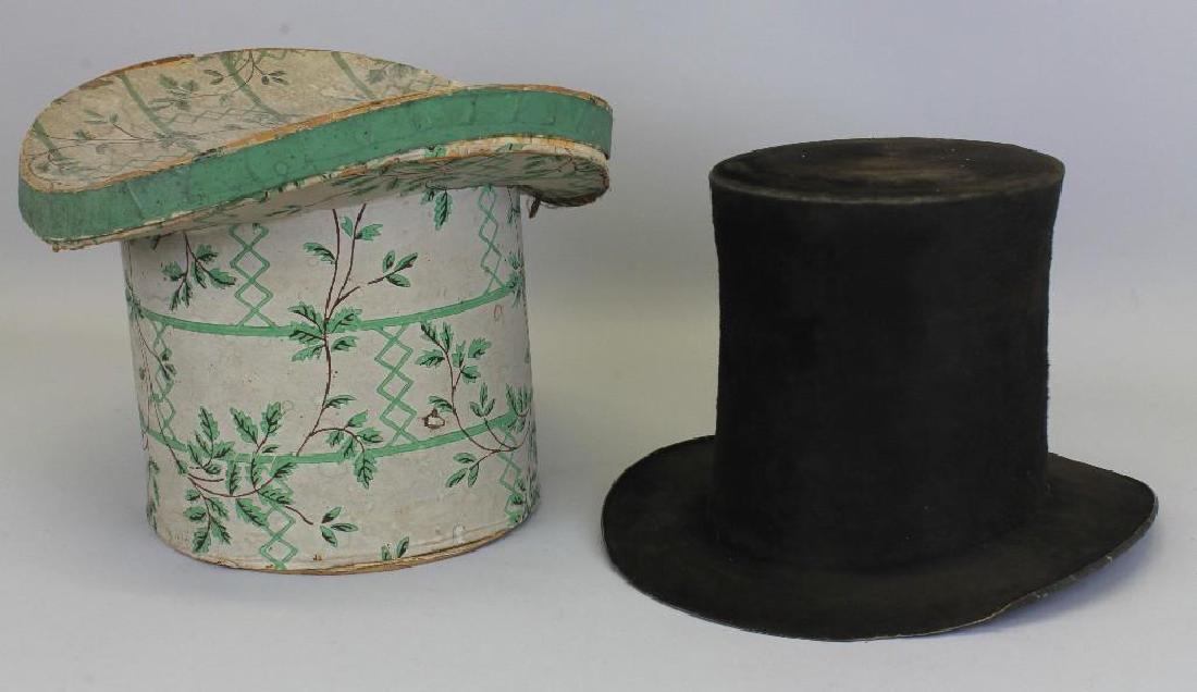 Top Hat Box with Hat: Papered box with black top hat. 9.75"h x 13.25"w x 12"d