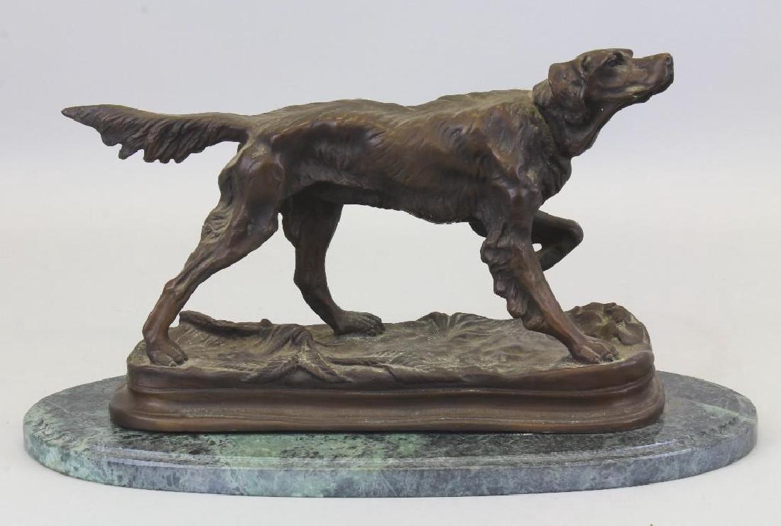 Jules Moigniez (1835-1894, France) Canine Sculpture: Bronze. Signed "J Moigniez" on base of sculpture. Mounted on green marble plinth. 7"h x 11.5"w x 3.5"d