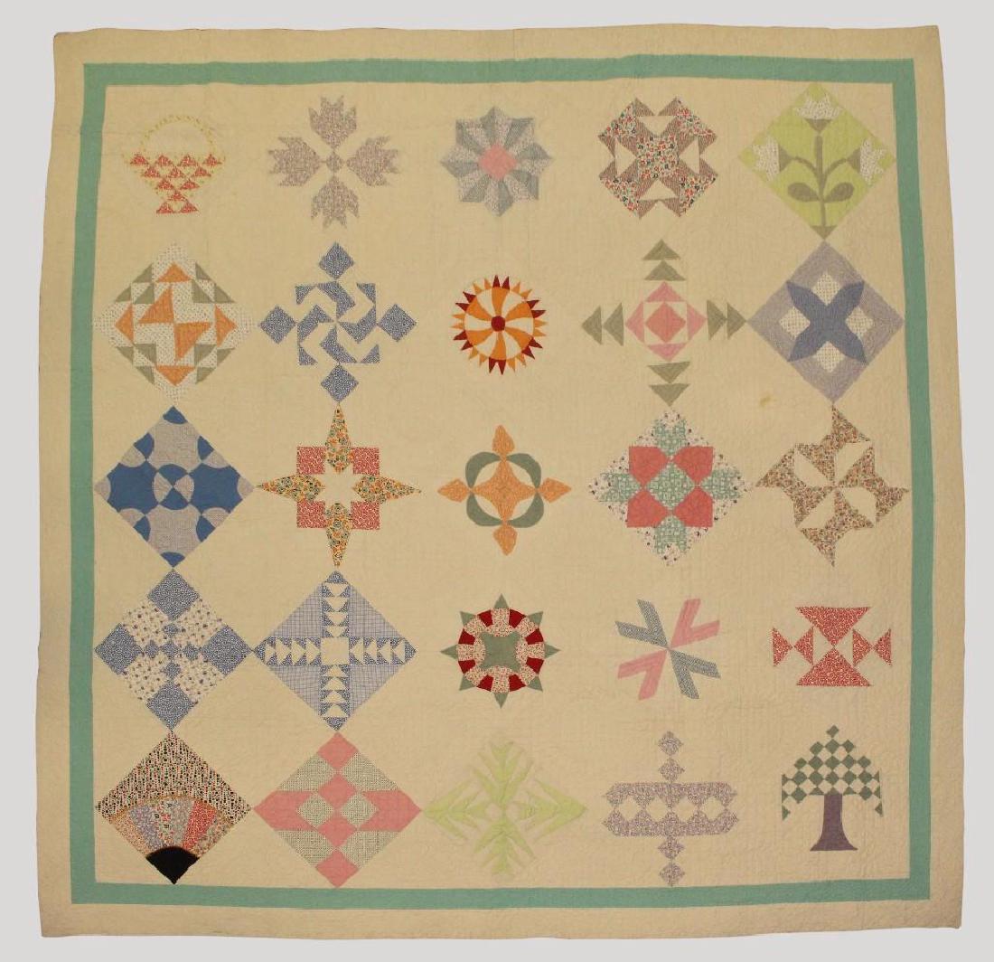 Pieced and Applique Quilt, Sampler, Illinois, c. 1940: Cotton; plain weave. 100" x 100"