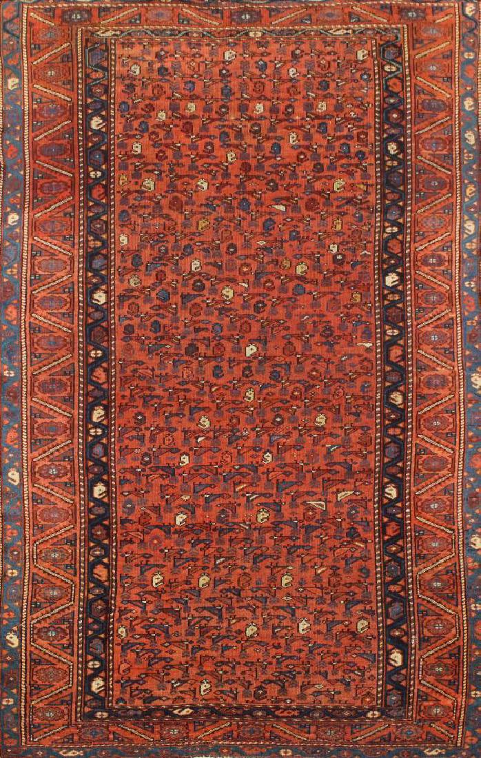 Lori Area Rug: Hand woven, all over boteh and aviary motif salmon field with boteh, floral and geometric borders, 4'3"w x 7'6"l.