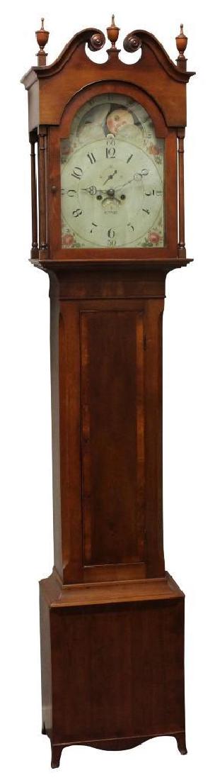 Robert D Guthrie, Chester County, PA, Tall Case Clock: Walnut case with scrolled broken arch pediment and finials, reeded columns, paint decorated dial with moon phase, 8 day works, and French feet. 95.5"h x 20"w x 11"d