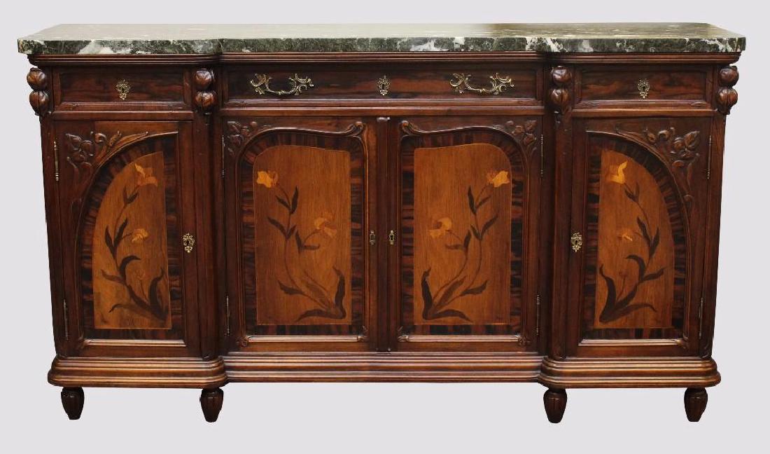 Art Nouveau Style Breakfront Sideboard: Rosewood with a 1.5" marble top, carved columns, three drawers over four floral marquetry and veneered doors on molded plinth on reeded tapered feet, signed E. Maierer on middle right door, 40"h x 75"
