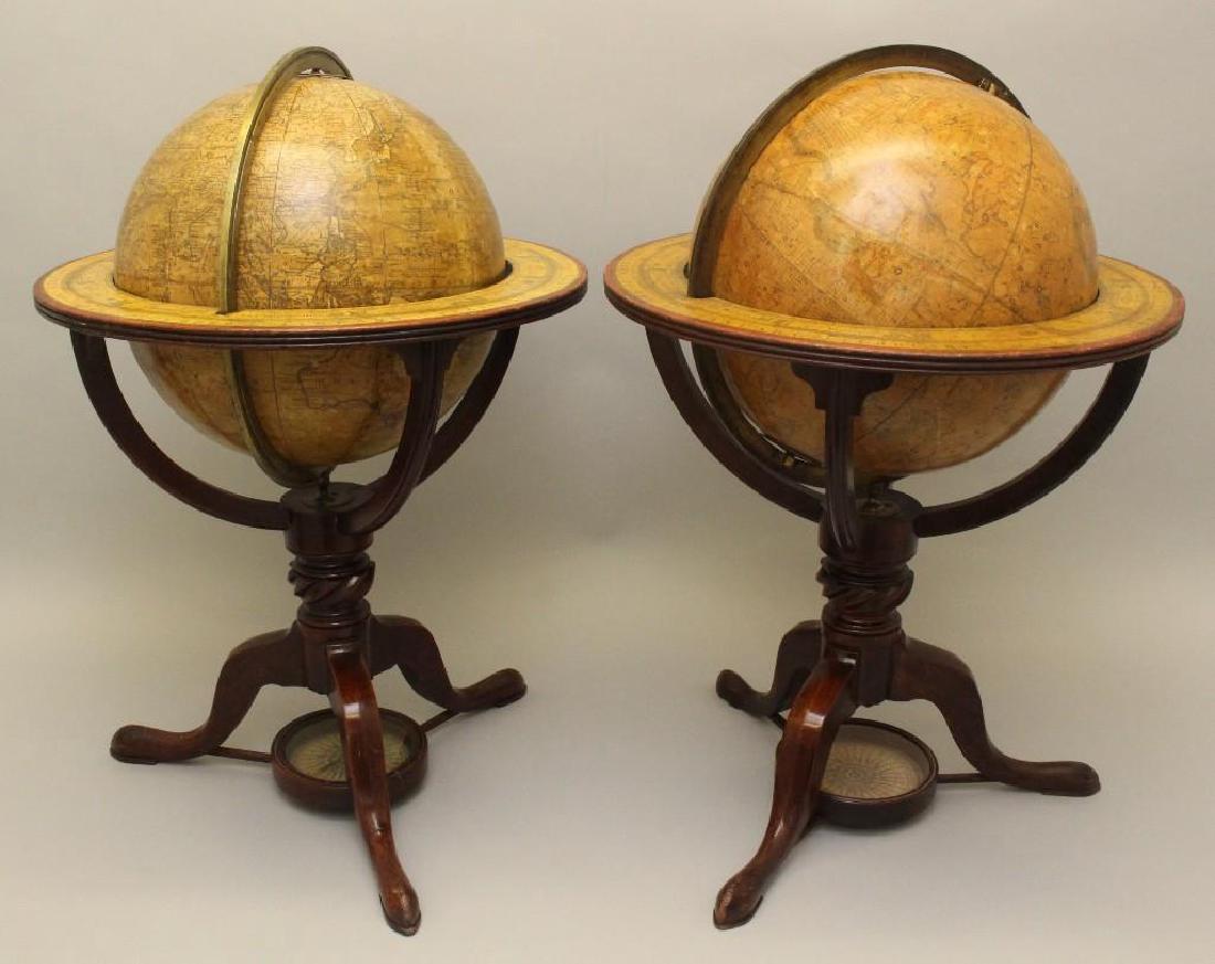 Pair of Early 19th c, Terrestrial Globes by Bardin,: Each globe is paper lined and mounted in wooden stand with compass dial at base. Sold by Christieâ€™s in 2001. Each 25â€h x 16â€w
