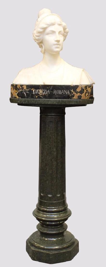 Alabaster Bust "Lvcrezia Romana" and Marble Pedestal: On a reeded and turned three piece marble pedestal, bust, 22"h x 20"w x 10"w, pedestal, 41"h x 21"w x 11"d.