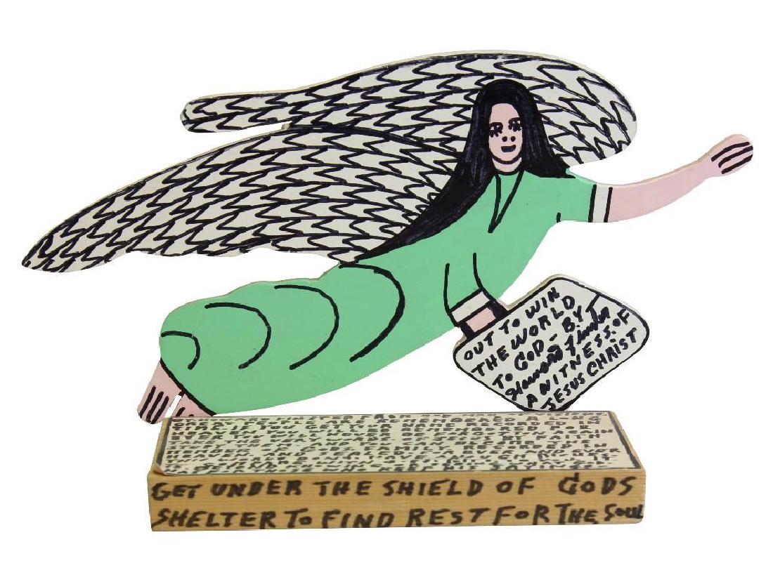Howard Finster (1916-2001, Georgia, Alabama) "Out to: Mixed media, painted wood, marker and paper. Signed "Howard Finster" in lower right. Marked with artist's signature symbol "Noah's Ark Bird" on reverse. 6.25"h x 10.75"w x 3.75"d