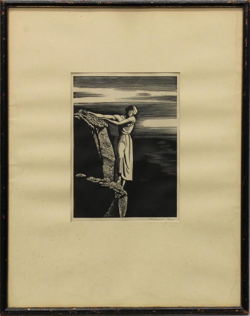 Rockwell Kent (1882-1971, New York) Girl on Cliff: Woodblock print. Pencil signed "Rockwell Kent" in lower right. 6.5"h x 4.75"w