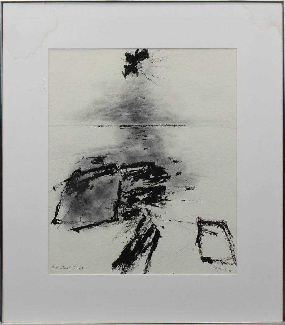 Reuben Tam (1916-1991, Maine, Hawaii, California): Pen and ink on paper. Signed "Tam" in lower right, titled "Fallen Rock Sunset 1" in lower left. Dated 1975 on reverse. 17.25"h x 14.25"w