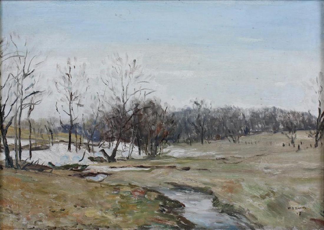 Walter Emerson Baum (1884-1956, Pennsylvania) "Brook: Oil on board. Signed "W.E. Baum, 47" in lower right. Titled and dated "3/13/1947" on reverse. 11.5"h x 16.25"w
