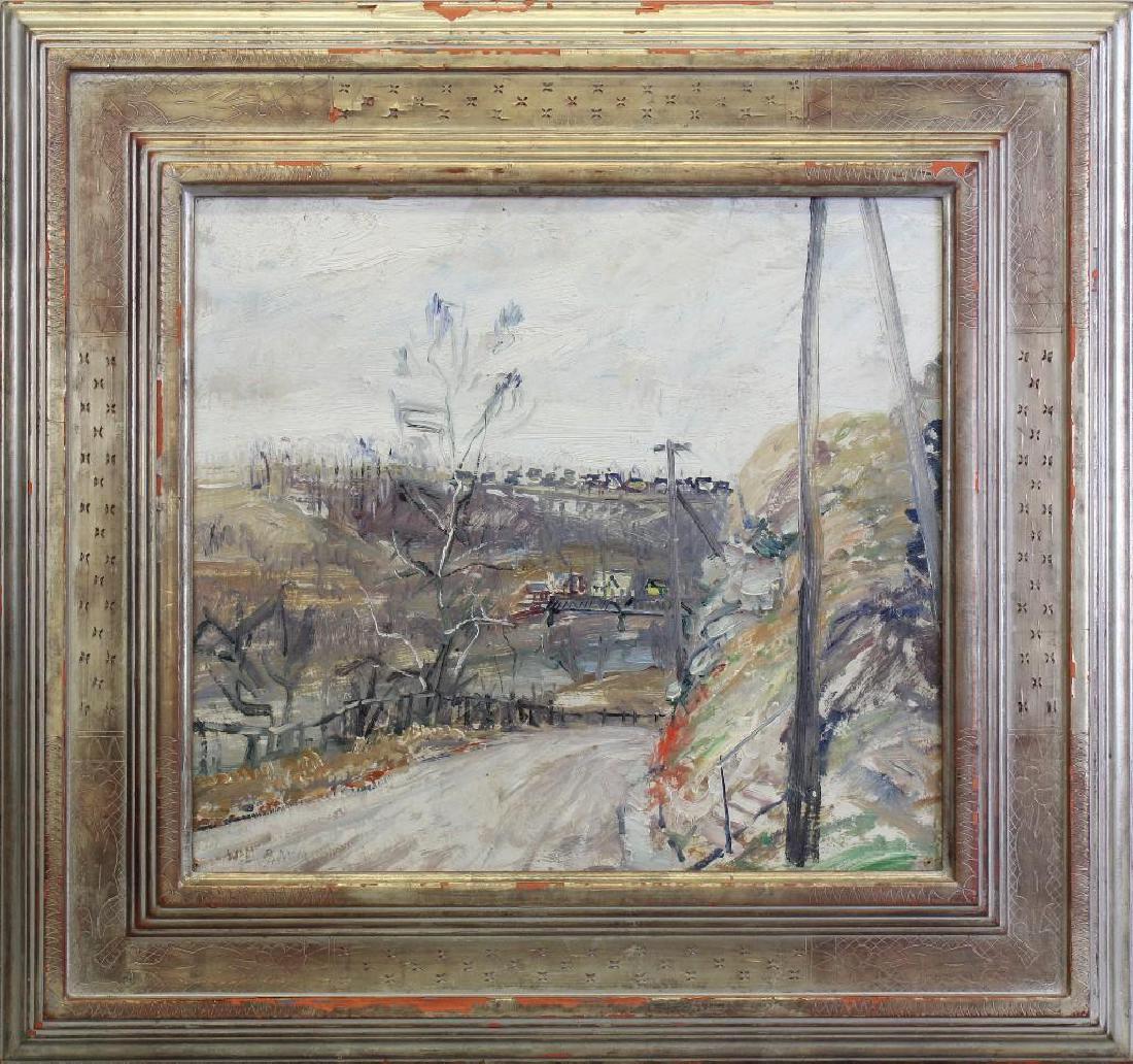 Walter Emerson Baum (1884-1956, Pennsylvania) River: Oil on board. Signed "W.E. Baum" in lower left. Painting on reverse. Frame pealing, or chips, on upper center and throughout frame.13.5"h x 15"w