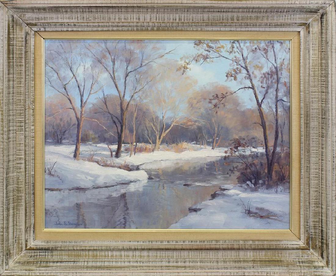 John E Berninger (1897-1981, Pennsylvania) Near Wehr: Oil on artist board. Signed "John E Berninger" in lower left. Labeled "...Wehr Drive, near Parkland High School, painted from under the bridge" reverse of frame. Covered bridge located on We