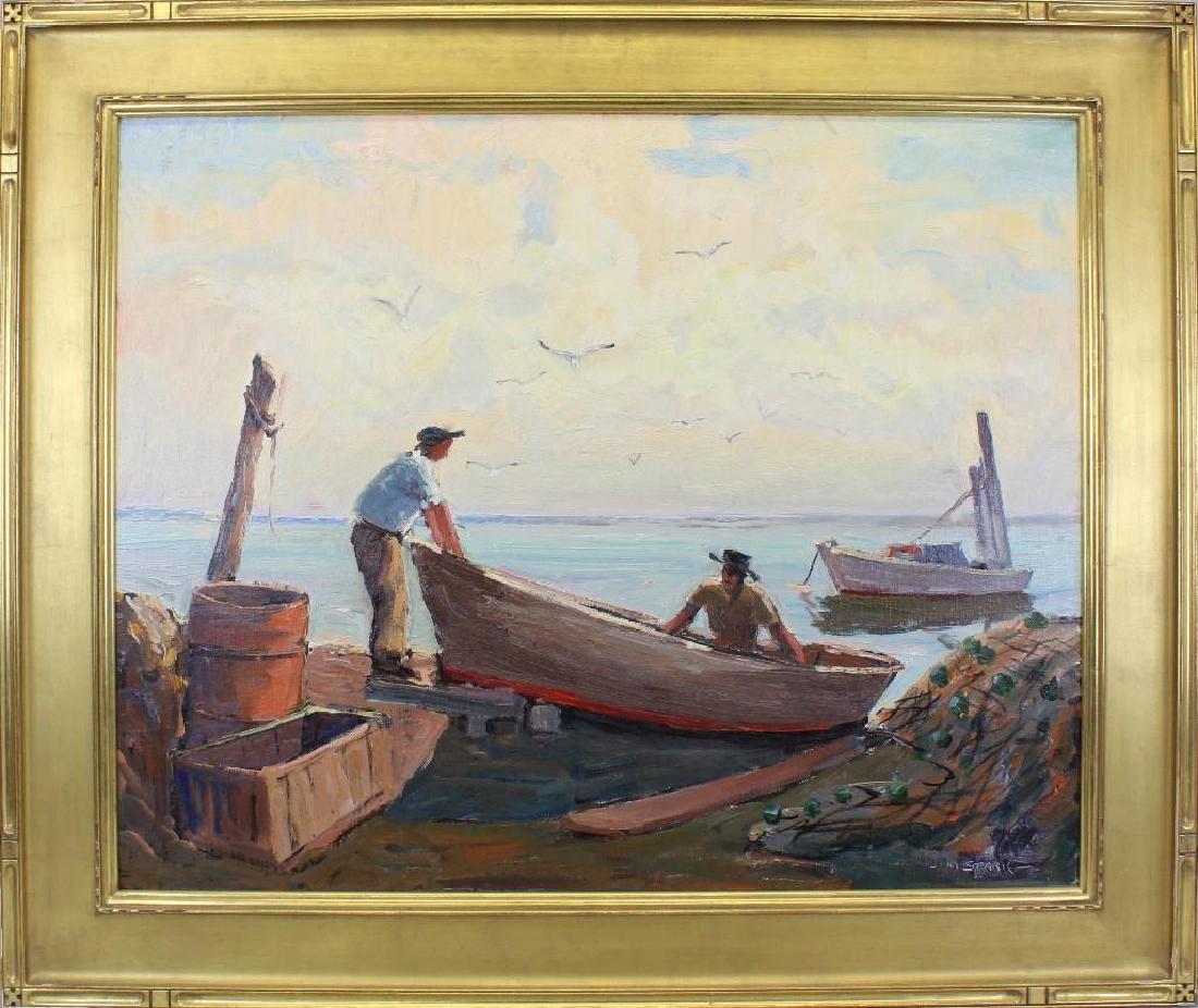 Melville Stark (1903-1987, Pennsylvania) Longport Key: Oil on canvas. Signed "M Stark" in lower right. Marked "Mel Stark" & "Longboat Key" on reverse of canvas. Stark was a student of W.E. Baum. 23.5"h x 29.5"w