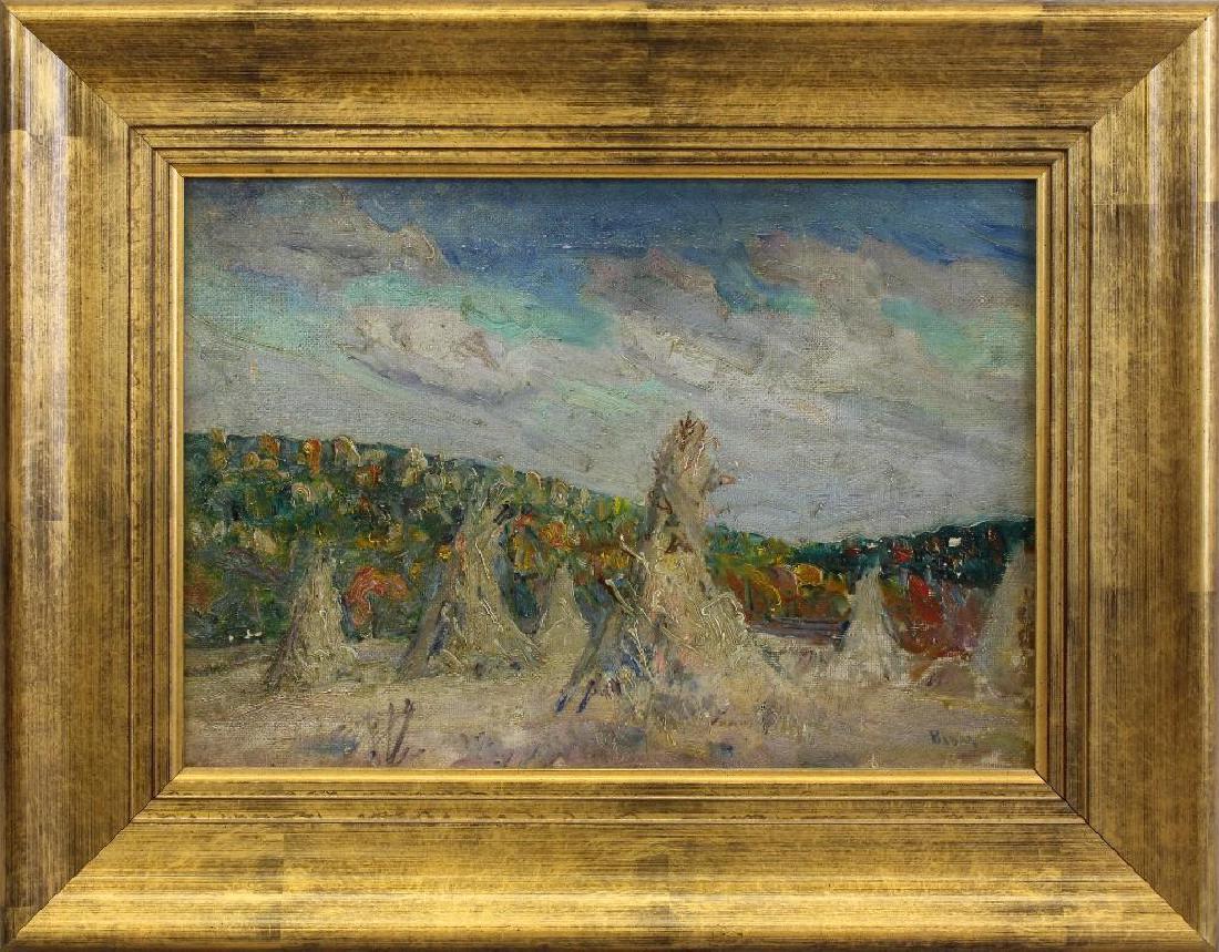 Walter Emerson Baum (1884-1956, Pennsylvania) "Autumn": Oil on canvas. Signed "Baum" in lower right. Titled and signed on vesro. "Bought by Bert 1955 from WEB in old studio Green St" in pencil in lower right of canvas stretcher. 10"h x 14"w