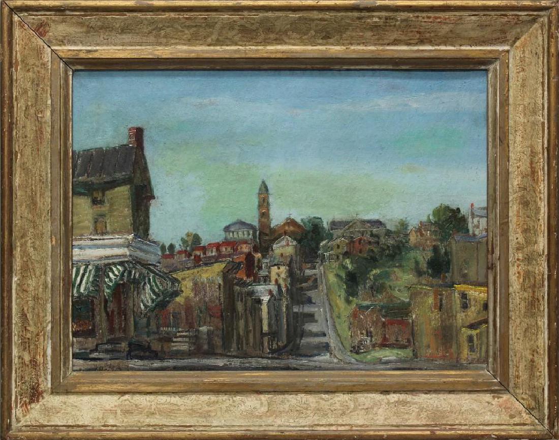 Walter Emerson Baum (1884-1956, Pennsylvania) "Manayunk: Oil on board. Signed "WE Baum" in lower left. Titled and signed on reverse on "The Philadelphia Sketch Club" label. 11.5"h x 15.5"w