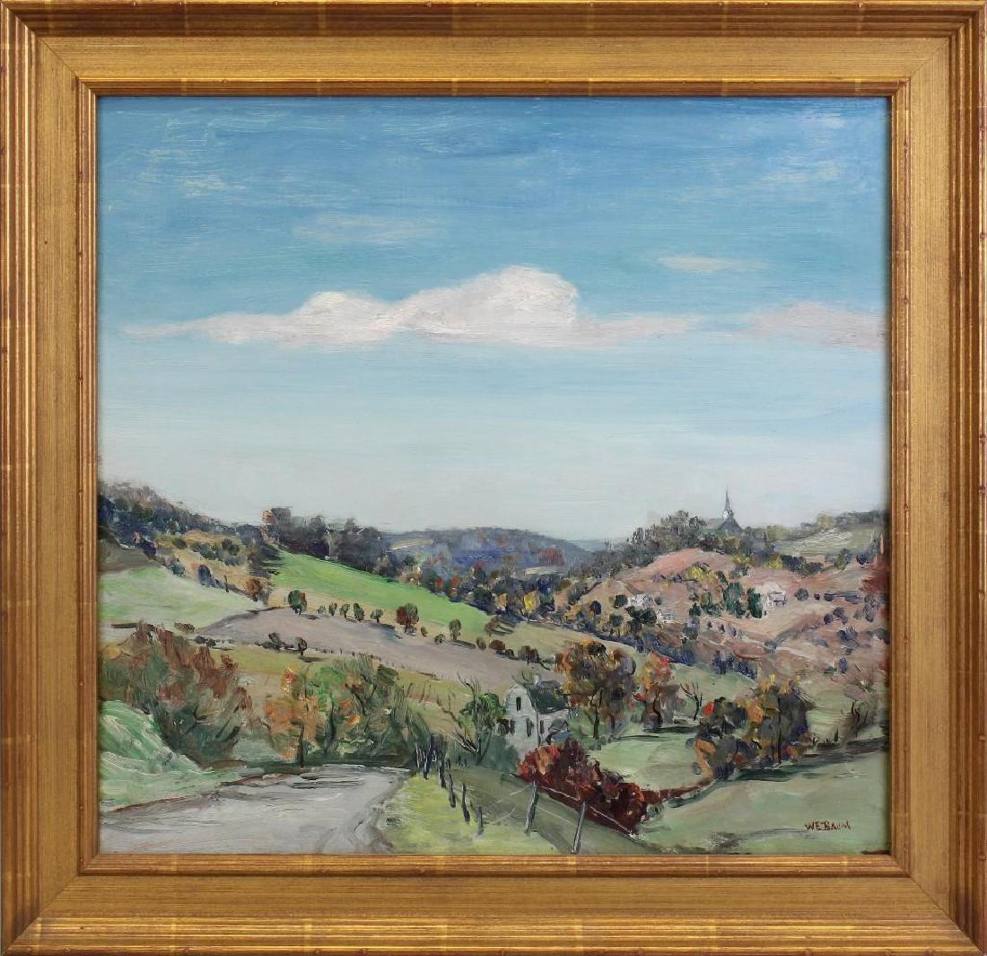Walter Emerson Baum (1884-1956, Pennsylvania) "Church: Oil on board. Signed "W.E. Baum" in lower right. Titled on reverse. 17.25"h x 18.25"w