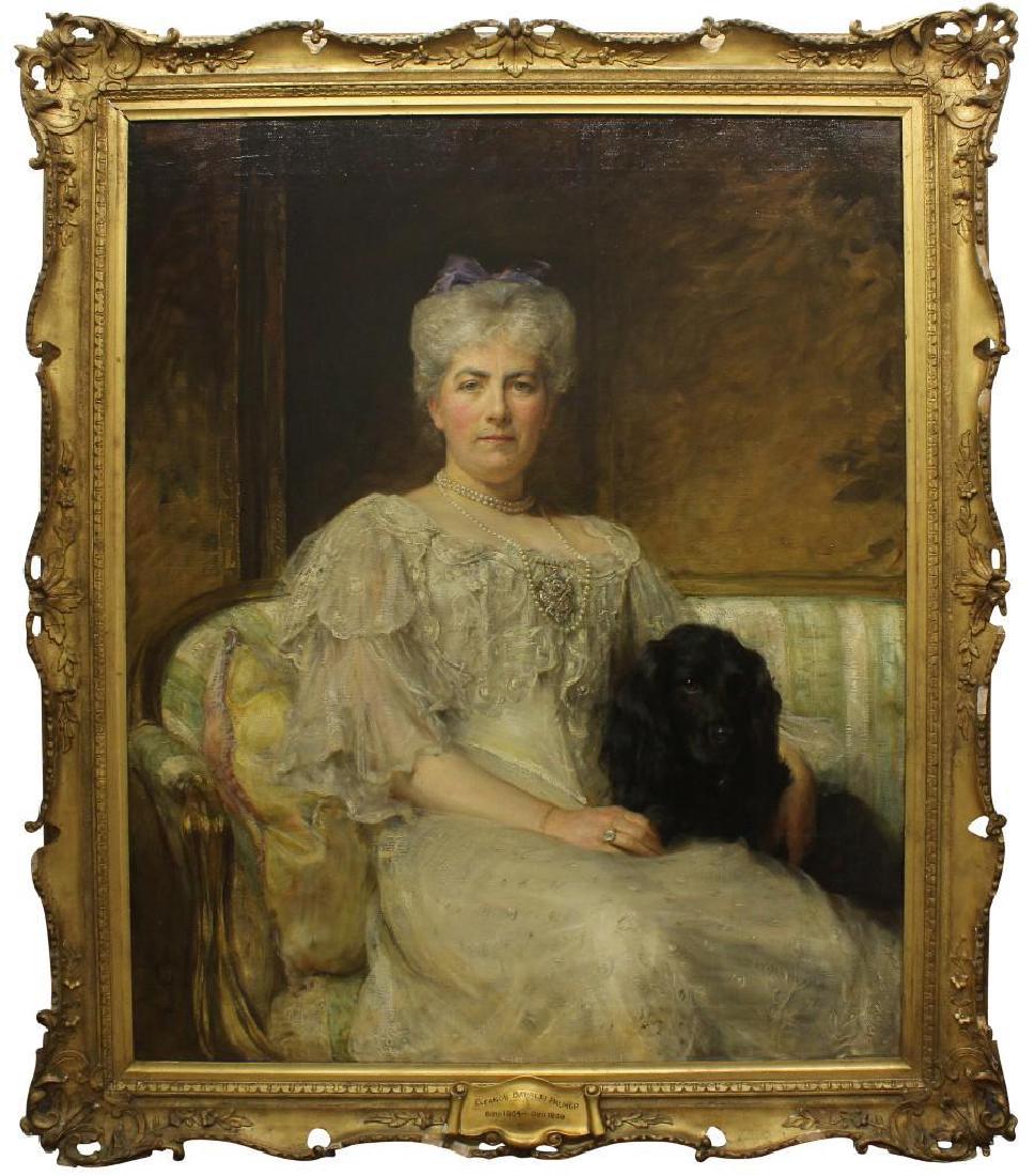 Sir Arthur Stockdale Cope (1857-1940, United Kingdom): Oil on canvas. Signed "Cope, 1905" in lower left. "Eleanor Barrett Palmer, Born 1854 - Died 1929" on frame label. Eleanor is seated with her black spaniel "Rajah". 49.5"h x 39.5"w