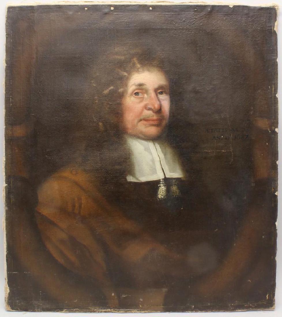 Student of Pierre Mignard (1612-1695, French) Portrait: Oil on canvas. Signed "Aetatis Svae '73, Ant Dt 1687" in middle right. Unframed. 30"h x 25.25"w