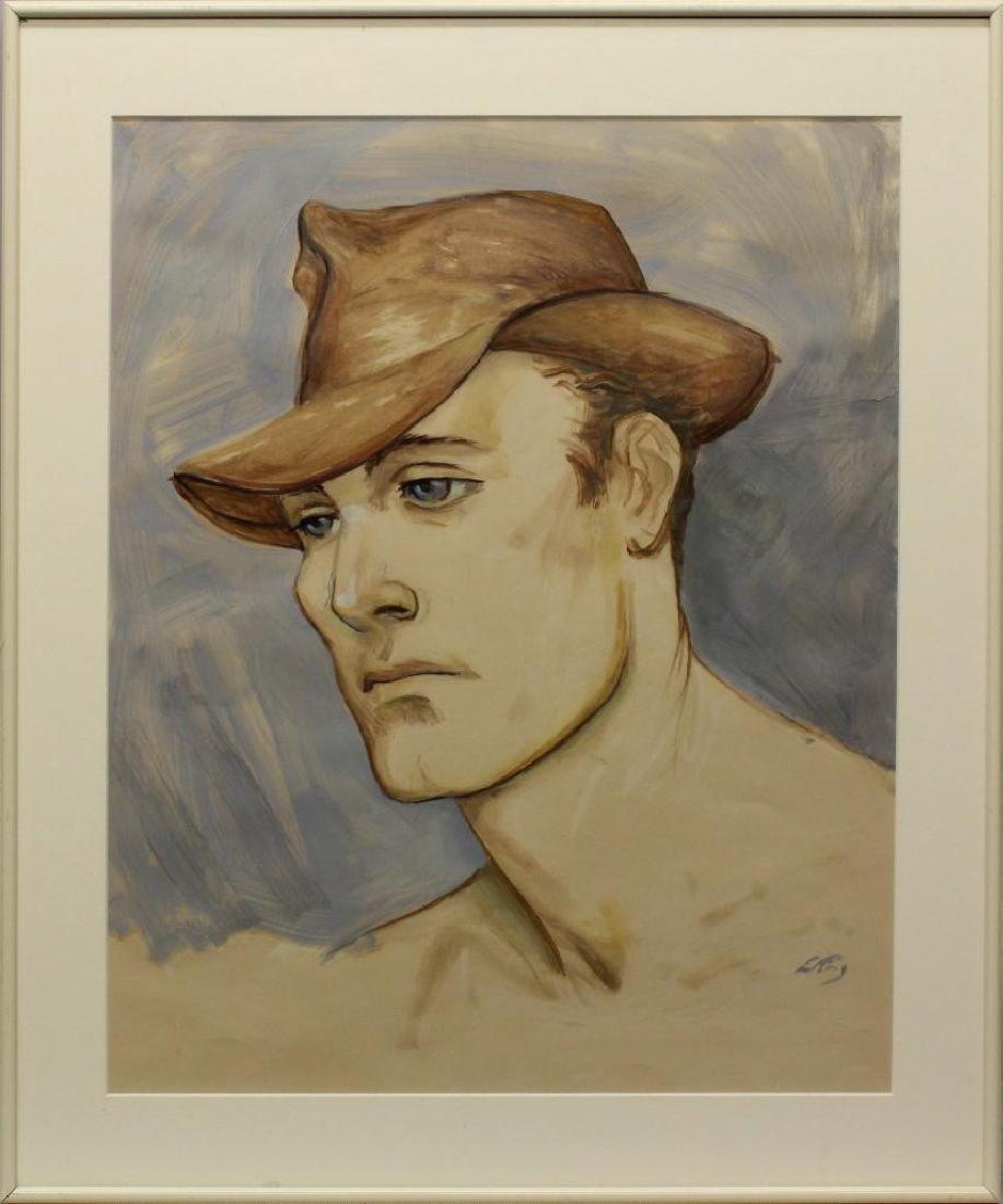 Emlen Etting (1905-1992) "Man with Hat": Gouache on paper. Signed "Etting" in lower right. 19.5"h x 16"w
