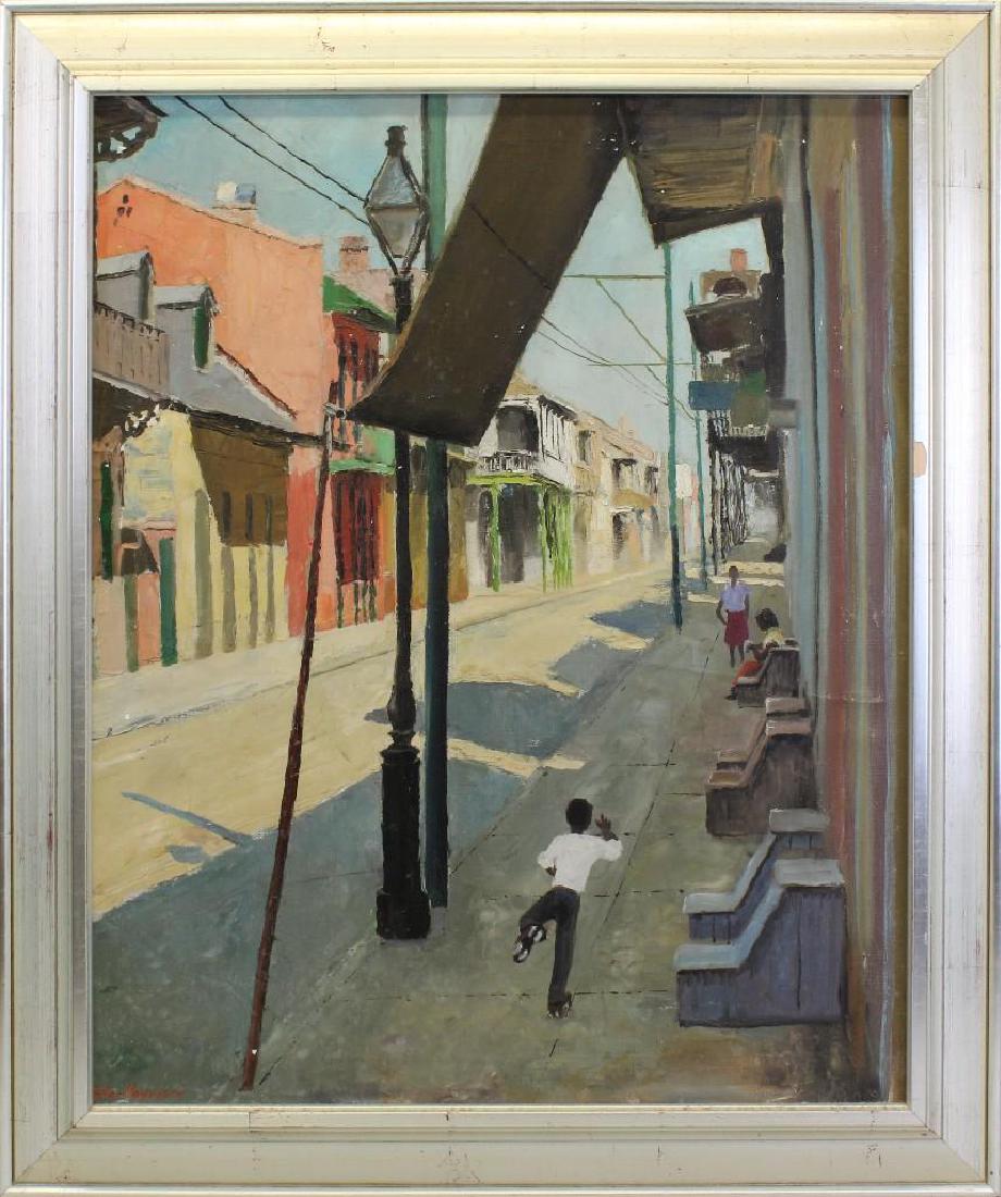 Peter Hayward (1905-1993, New York, Hawaii) Sidewalk: Oil on canvas. Signed "Peter Hayward" in lower left. Cracking in paint with some lose. 28"h x 22.5"w