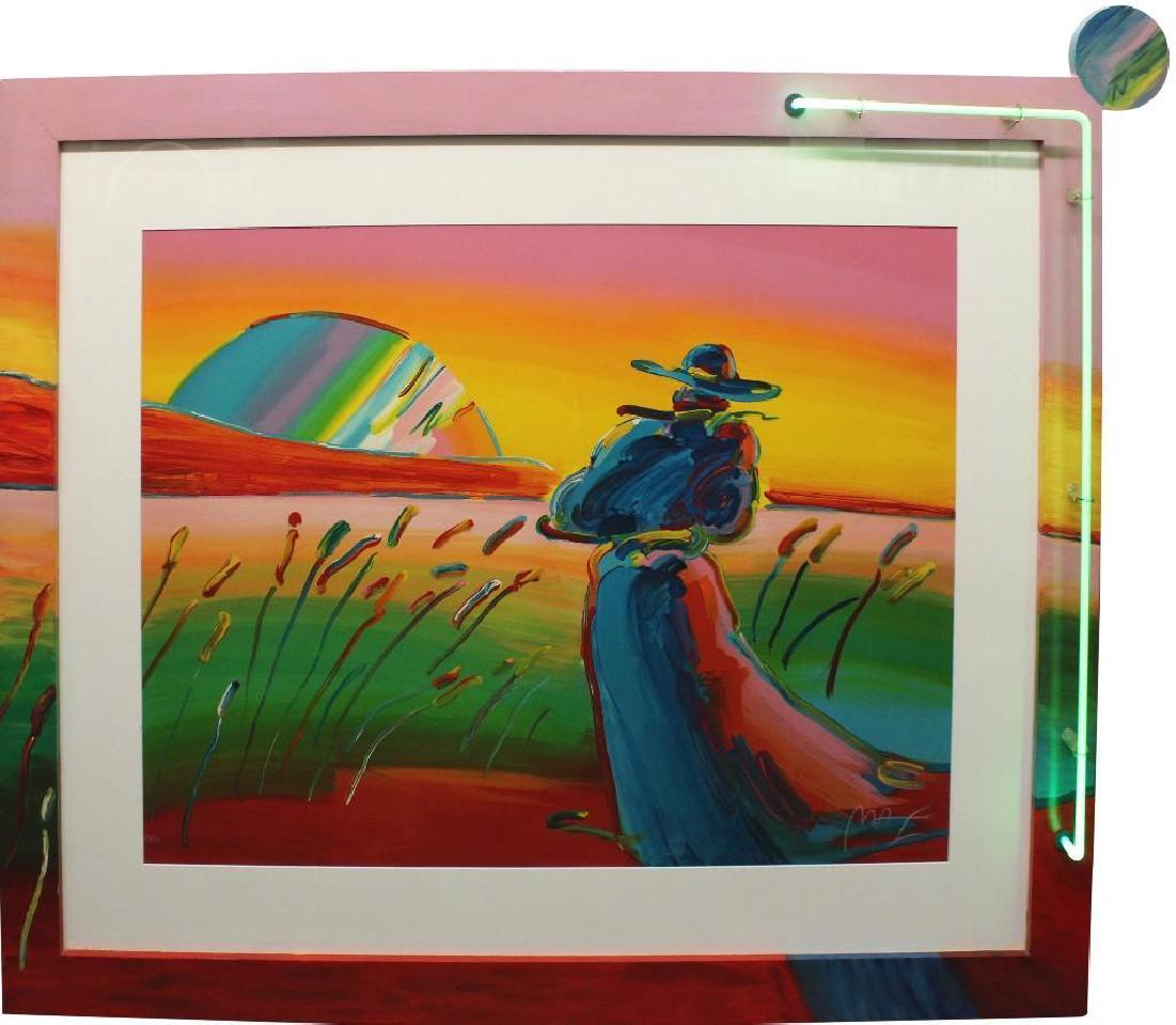 Peter Max (b 1937, New York, Germany) "Walking in the: Serigraph, limited edition 29/300 numbered in lower left, framed in custom painted and neon detailed frame. Signed "Max" in lower right. Image size 29"h x 39"w, outer frame 43"h x 53"w 