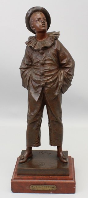 Eutrope Bouret (1833-1906, France) "Au Clair De Lune": Bronze sculpture of a boy, signed "Bouret" on base, 15"h.
