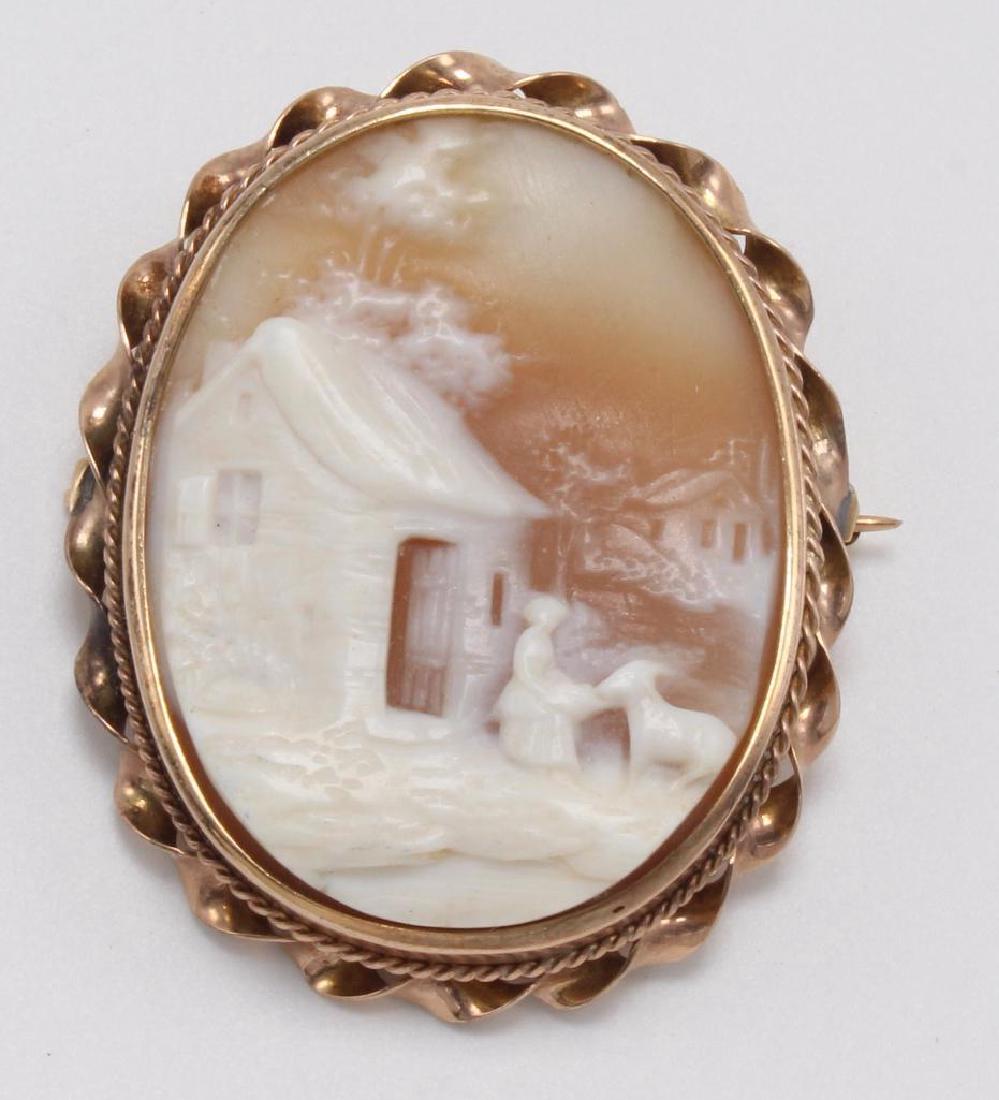 PIN PENDANT. SHELL CAMEO. SCENIC. 10K ROSE GOLD: 43 X 35MM OVAL. 9.3GTW.
