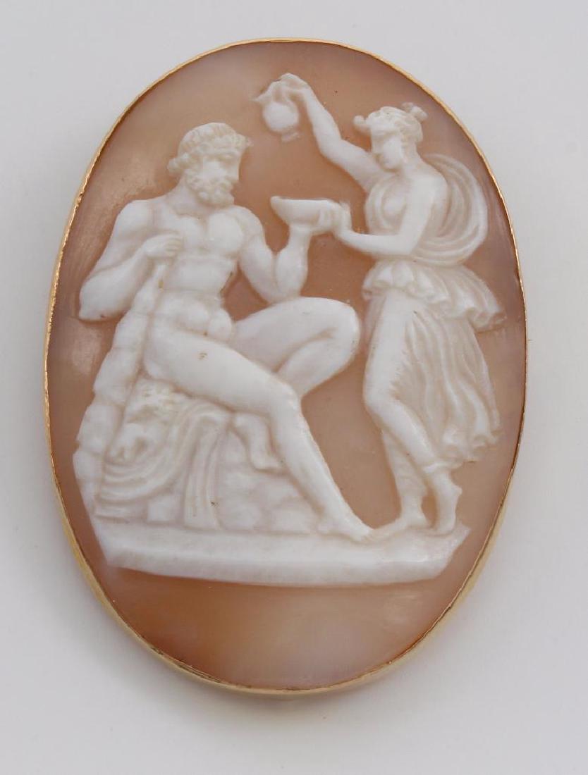 PIN PENDANT. SHELL CAMEO. FIGURAL. 14K YELLOW GOLD: 50 X 36MM OVAL. 10.9GTW.