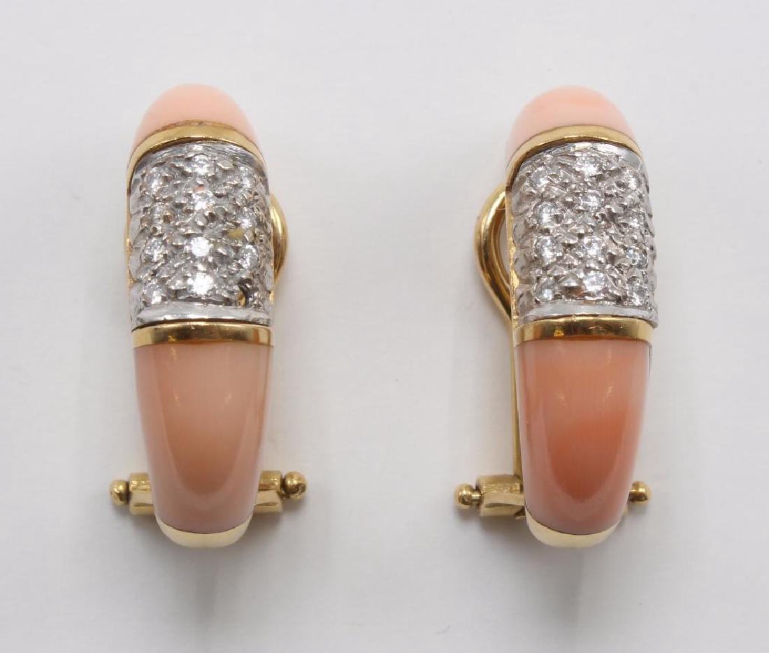 EARRINGS. CORAL AND DIAMOND. 18K YELLOW GOLD: 1" LONG X 1/4" WIDE OMEGA BACK PIERCED. EACH EARRING SHOULD HOLD (12) SMALL ROUND DIAMONDS. ONE DIAMOND MISSING. 14.1GTW.