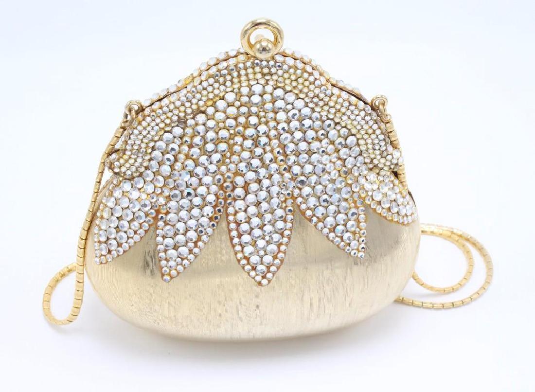 Judith Leiber Evening Purse: Gold tone shell, crystal floral pedal design, gold leather interior, marked Judith Leiber in interior.