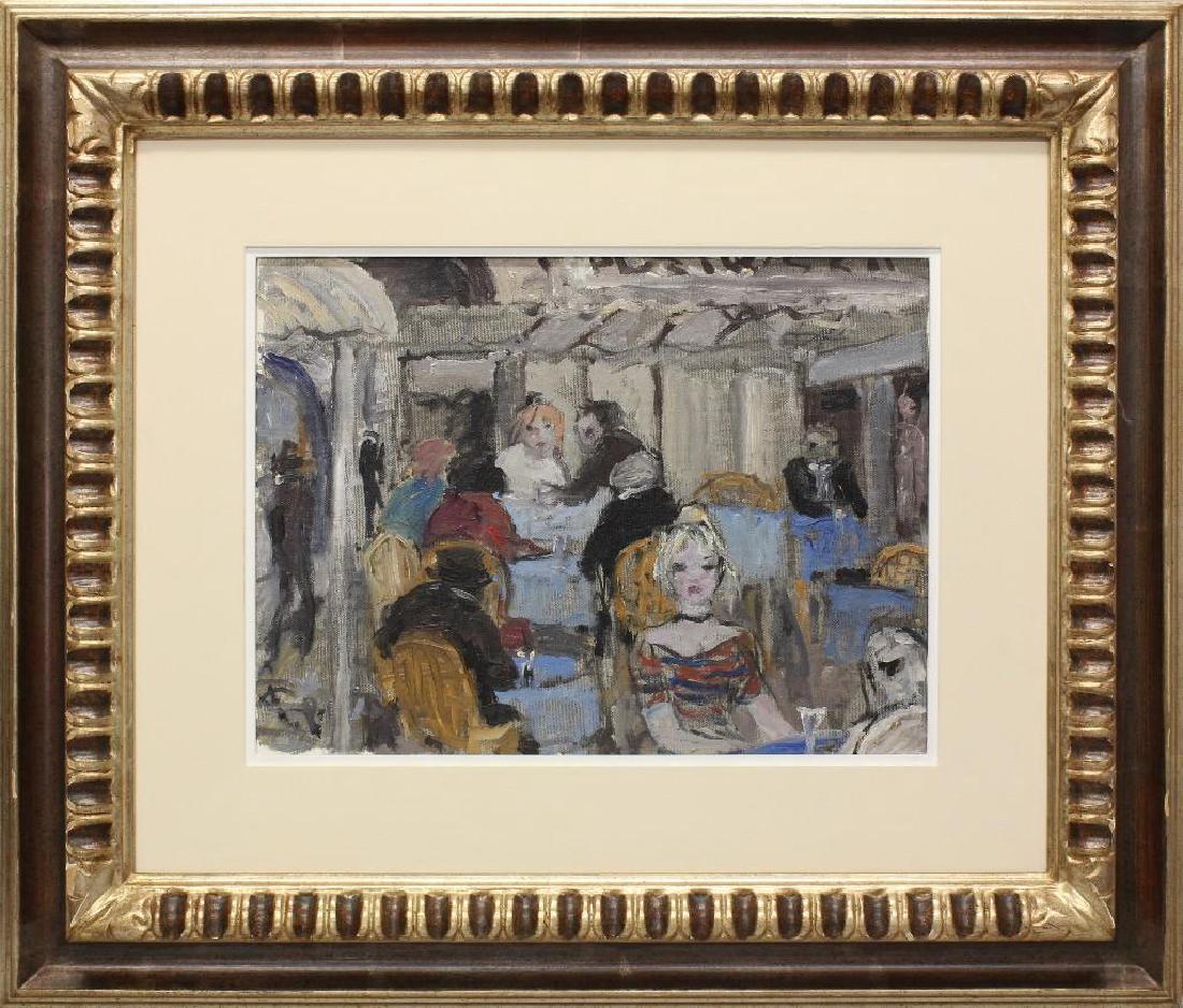 Bruno Paoli (1915-2005, Italy) "Vecchio Caffe": Oil on board. Signed in lower left. Signed and titled on reverse. 9"h x 7"w